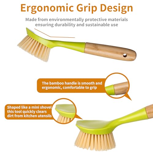 2 Pack Kitchen Dish Brush Bamboo Handle Dish Scrubber Built (Green)
