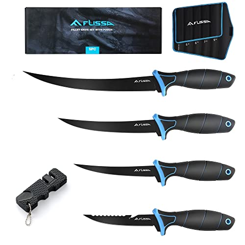 4 Piece Fillet Knife Set with Sharpener Protective Sheath (Black)