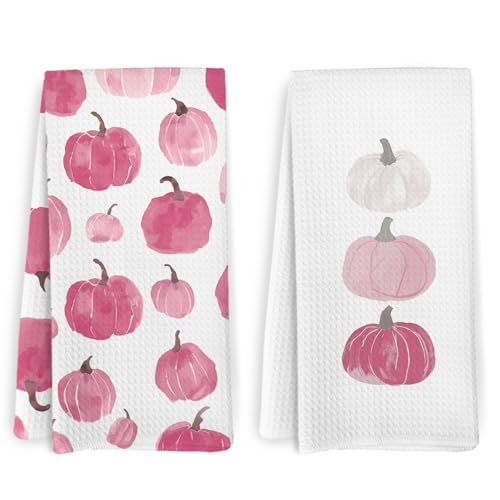 Pink Fall Pumpkin Decor Kitchen Towels and Dishcloths Set of 2 (Pink Pumpkins)