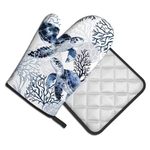 Coastal Oven Mitts and Pot Holders Sets of 2 Summer Kitchen Mitts Blue Sea Turtle Hot Pads for Cooking Baking Grilling (Navy Blue Coastal)