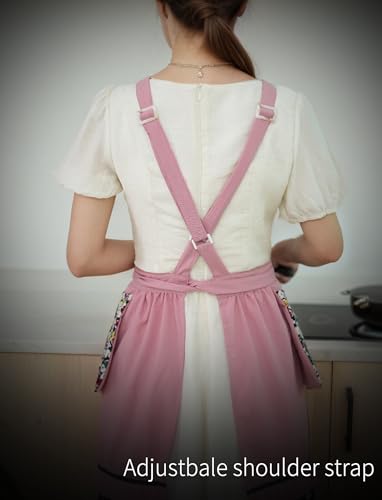 Kitchen Aprons for Women with Pockets Cute Floral Chef Pinafore Apron for Gardening Cooking Baking Painting (Pink)