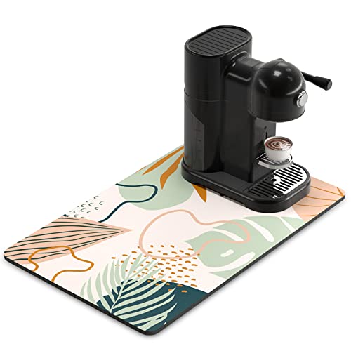 Coffee Mat 12" x 19" Cute Boho Theme Coffee Bar Mats for Espresso Machine Station Accessories and Organizer (Boho Tropical Leaves / 12" x 19")