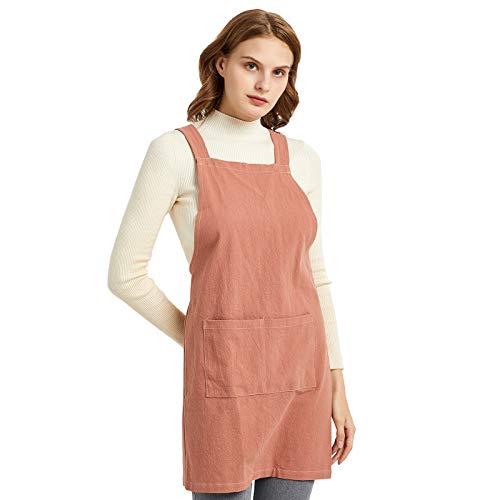Aprons for Women with Pockets Unisex Comfort Cross Back No Tie Cotton Linen Apron Pinafore for Cooking Painting Floral Arrangement Gardening Cleaning Orange (Orange Red / Medium)
