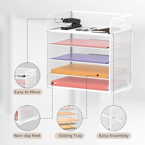 2 Pack 5 Tier White Desk Organizer with Handle Mesh Desk File (Elegant White)