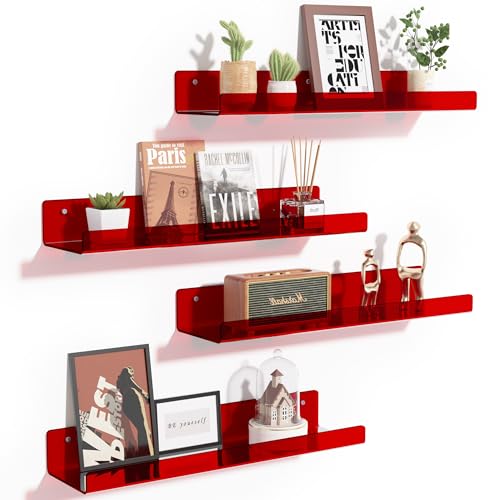 4 Pcs 15" Acrylic Shelves for Wall Decor and Display (Red)