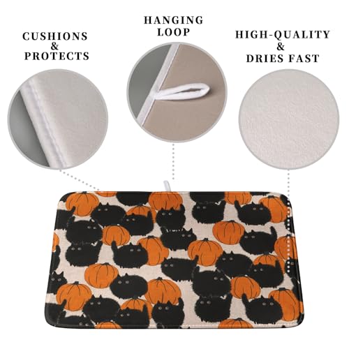 Happy Halloween Dish Drying Mat for Kitchen Counter 16x18 Inch Cute Pumpkin Black Cat Trick or Treat Drying Mats Large Microfiber Absorbent Dish Rack Pad for Coffee Bar Sinks Home Accessories (Halloween Cat / 16" x 18")