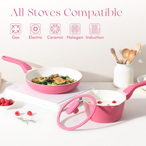 Nonstick Ceramic Frying Pan with Lid (8" W/Lid / Raspberry Red)