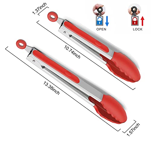 2-Pack of 9" (Small) & 12" (Large) Kitchen Tongs Set: Non-Stick Silicone-Stainless Steel Cooking Tongs, BPA Free, Heat Resistant (480°F) - Non-Slip Grip & Locking Metal Food Tongs (Red) (Red)