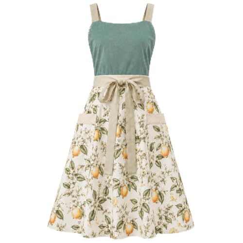 Pinafore Apron Dress for Women with Pockets Adjustable Floral Kitchen Apron (Sage Green)