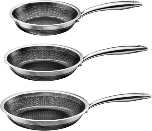 8, 10, 12 Inch Stainless Steel Frying Pan Set, Honeycomb Hybrid Nonstick Skillet for Induction & All Cooktops, PFAS/PFOA/PTFE Free, Oven Safe 500°F, Silver