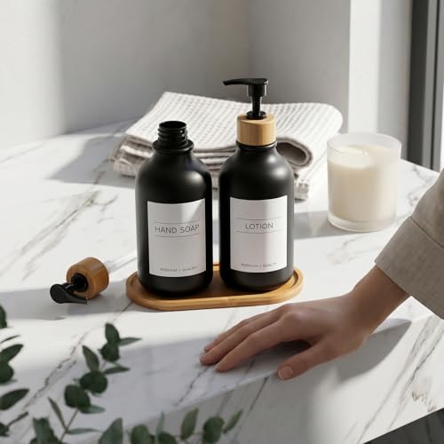 Hand and Dish Soap Dispenser Set (Black / 2 Bottles with Bamboo Tray)