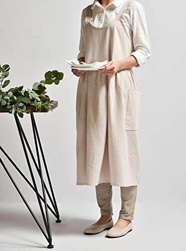 Japanese Cotton Cross Back Pinafore Apron for Women with Pockets Beige (08 - Beige Without Waist Ties)