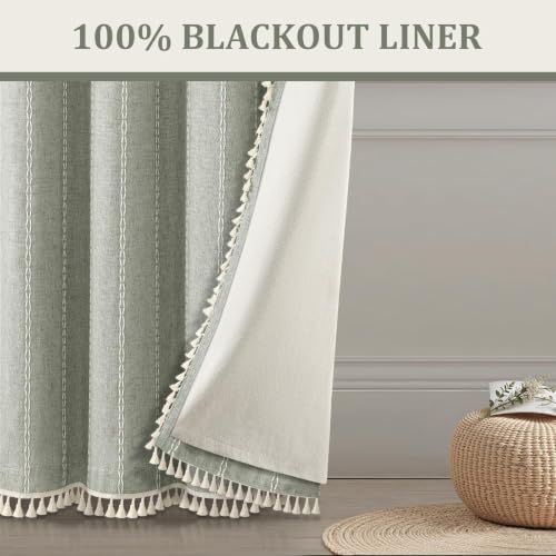 Sage Green Boho Blackout Curtains 2 Panels with Tassels 52W X 61L (Sage Green / 52"W x 61"L (Pack of 2))