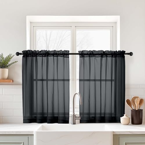 Black Small Sheer Curtains 2 Panels Set (42"W x 36"L (Pack of 2) / Black)