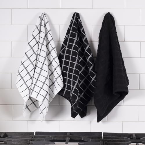 Premium 100% Cotton Terry Check Kitchen Dish Towels (Black / 3-Pack - Kitchen Towel)