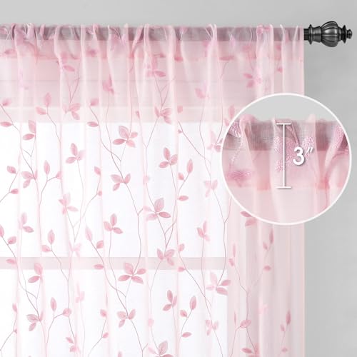 Pink Sheer Curtains Vine Embroidered (52"W x 63"L (Pack of 2) / Vine Pink)