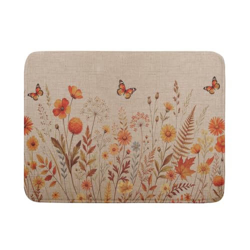 Rustic Fall Flowers Dish Drying Mat Retro Autumn Orange Floral Butterfly Dish Drainer Mats 18"x24" Microfiber Reversible Dish Drying Rack Pad Protector for Kitchen Countertop Decor (24" x 18")