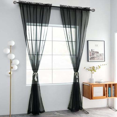 Solid Sheer Rod Pocket Curtain Voile Draperies 2 Panels White Beige Black Grey Coffee 38 Inch Width 84 Inch Long 1 Pair for Kitchen Bedroom Children Living Room Yard (Black / 38"W x 84"L (Pack of 2))