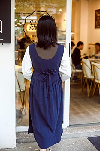 Women Plus Size Cotton Linen Vintage Pleated Split Apron Pinafore Dress with Two Pockets (Navy / 43.4"L)