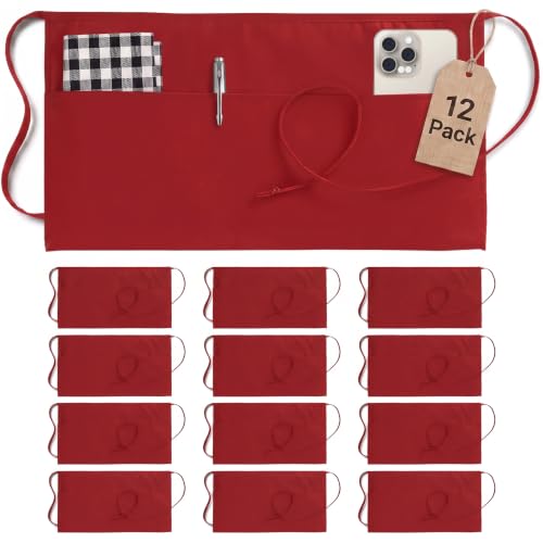 Server Waist Aprons 12 Pack Short 3 Pockets Men Women Red (24x12 Inches (Pack of 12) / Red)