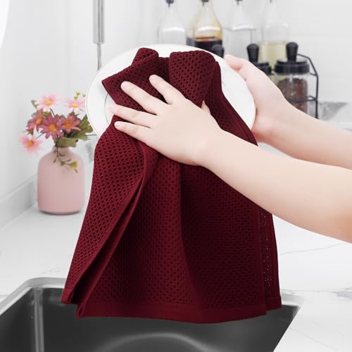 100% Cotton Waffle Weave Kitchen Dish Towels 4 (Burgundy / 13 X 28 - 4 Pack)