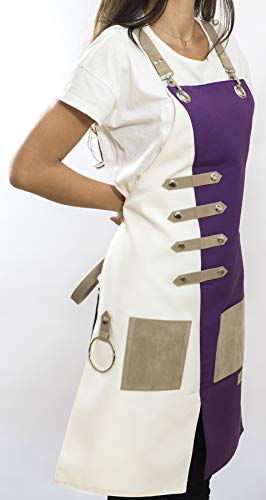 Apron for Women and Men Waterproof Canvas Extra Pocket for Chef Barista Gardening BBQ Grilling Crossback Unisex (Purple White)