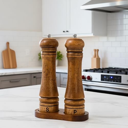 Wooden Salt and Pepper Grinder Set (8 Inches-2 Packs with Tray)