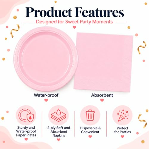 50PCS Pink Paper Plates and Napkins