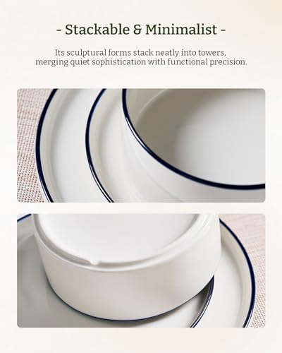 Porcelain 24 Piece Dinnerware Set (White with Blue Trim / Service for 8 (Standard Dinner Set))