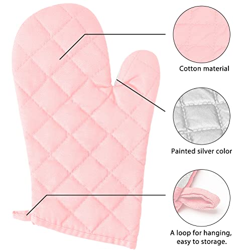 6Pcs Cotton Oven Mitts and Pot Holders Set Heat Resistant Hot Pads Durable Pocket Pot Holder Machine Washable BBQ Gloves with Hanging Loop for Safe Kitchen Baking Cooking Grilling Pink (Pink)