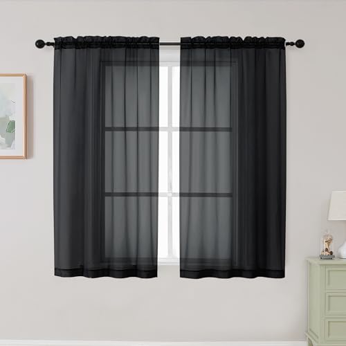 Black Sheer Curtains for Bedroom Living Room 45 Inch Length 2 Panels (Black / 42"W x 45"L (Pack of 2))
