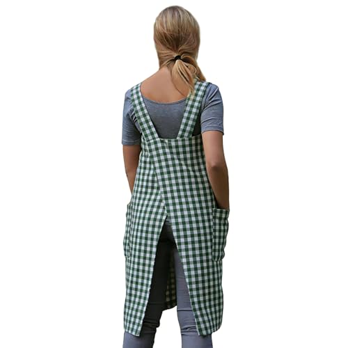 Women's Pinafore Square Apron Baking Cooking Gardening Works Cross Back Cotton (Small / Plaid-green)