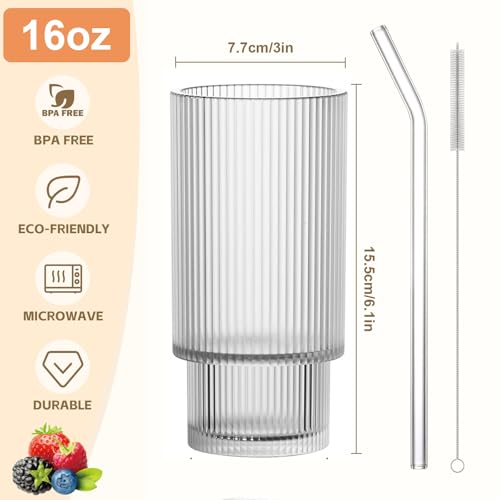 16OZ Ribbed Glass Cups with Lids and Straws (2*Glasses+2*Lids+2*Straws)
