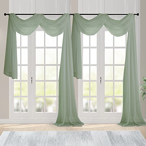 Sage Green Sheer Scarf Valances for Windows 216 Inch Extra Long (Sage Green / 42"W x 216"L (Pack of 2))
