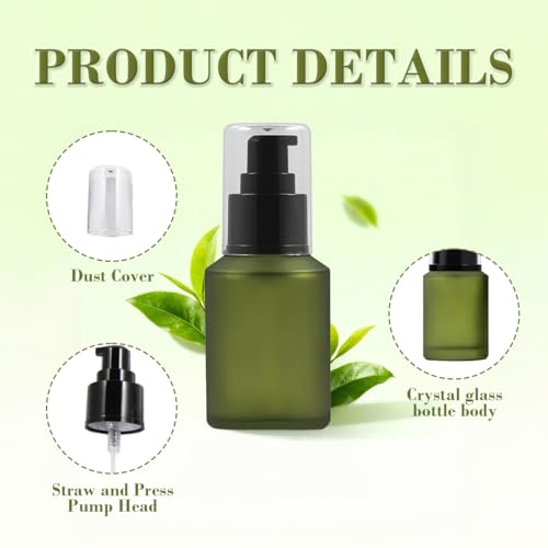 1PCS 60ML 2OZ Empty Refillable Green Frosted Glass Bottles with Pump Vial Cosmetic Dispenser Jars Storage Container Portable Travel Bottle Sample Trial Packing
