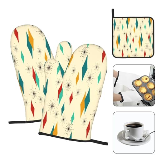 Mid Century Modern Oven Mitts and Pot Holders Set Heat Resistant Non Slip Set of 3 Retro Decor Kitchen Gloves Hot Pads for Cooking BBQ Baking Grilling (Mid Century)