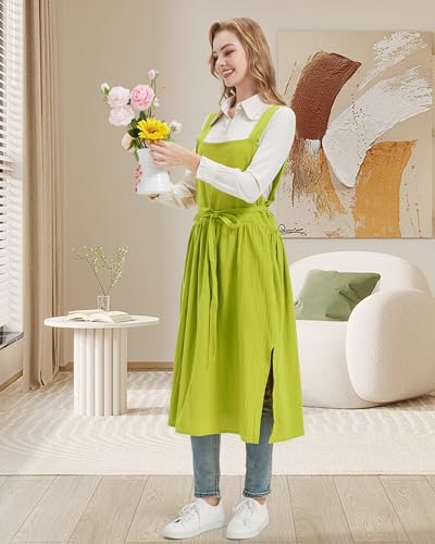 Cotton Apron Pinafore Dress for Women with Pockets Vintage Apron (Yellow)