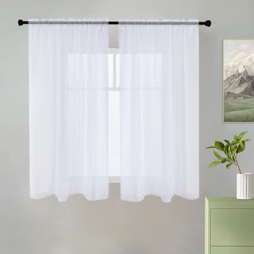Solid Sheer Rod Pocket Curtain Voile Draperies 2 Panels White Beige Black Grey Coffee 38 Inch Width 45 Inch Long 1 Pair for Kitchen Bedroom Children Living Room Yard (White / 38"W x 45"L (Pack of 2))