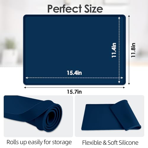 Silicone Coffee Maker Mat with Lip for Countertops (Navy Blue / 15.7'' x 11.8'')