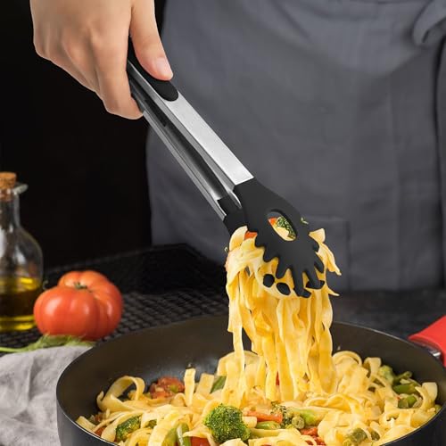 2 PCS Pasta Tong Spaghetti Tongs (9"+12"-Black)