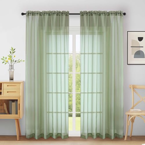 Extra Wide Sheer Sage Green Curtains 84 Inches Long 2 Panels (59"W x 84"L (Pack of 2) / Sage Green)