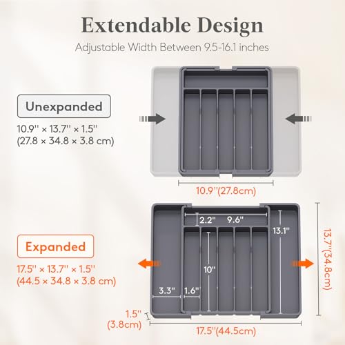 Expandable Silverware Drawer Organizer (Dark Grey / Large (11-18''W x 14''D))