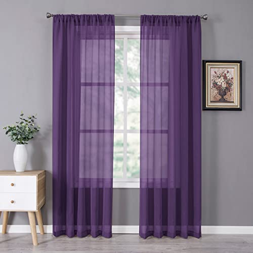 Sheer Curtain Linen Textured Bedroom Curtains Sheer Light Filtering Rod Pocket Voile Curtain for Living Room (54"W x 95"L (Pack of 2) / Royal Purple)