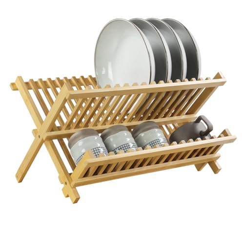 Bamboo Dish Drying Rack 2 Tier Foldable Plate Organizer Collapsible Plate Organizer Holder for Kitchen Countertop