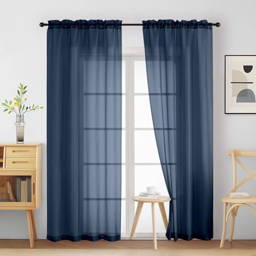 Navy Blue Sheer Curtains 90 Inches Long 2 Panels (42"W x 90"L (Pack of 2) / Navy Blue)