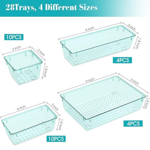 28 PCS Clear Plastic Drawer Organizers Set (Sea Blue / 28 PCS)
