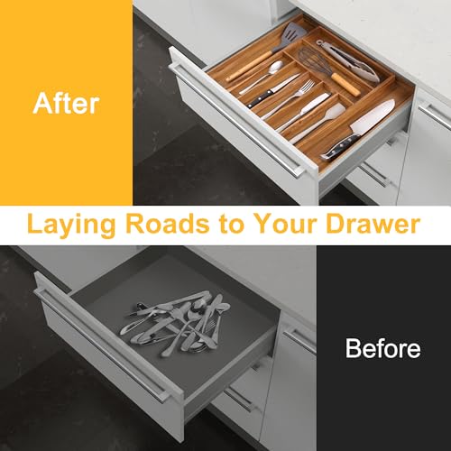 Large Premium Acacia Silverware Organizer (9 Slots Expandable / Acacia)