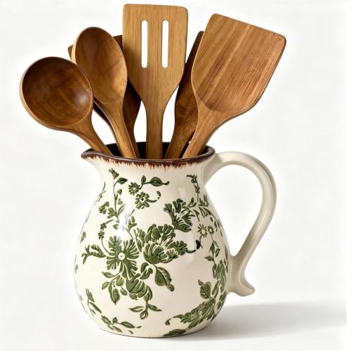 Farmhouse Ceramic Utensil Holder (green leaves)