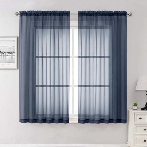 Navy Blue Sheer Curtains 63 Inch Length 2 Panels (Navy Blue / 59"W x 63"L (Pack of 2))
