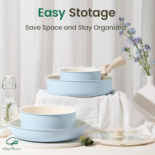 Ceramic Nonstick Pots and Pans Set 19 Piece with Detachable Handle (Light Blue)